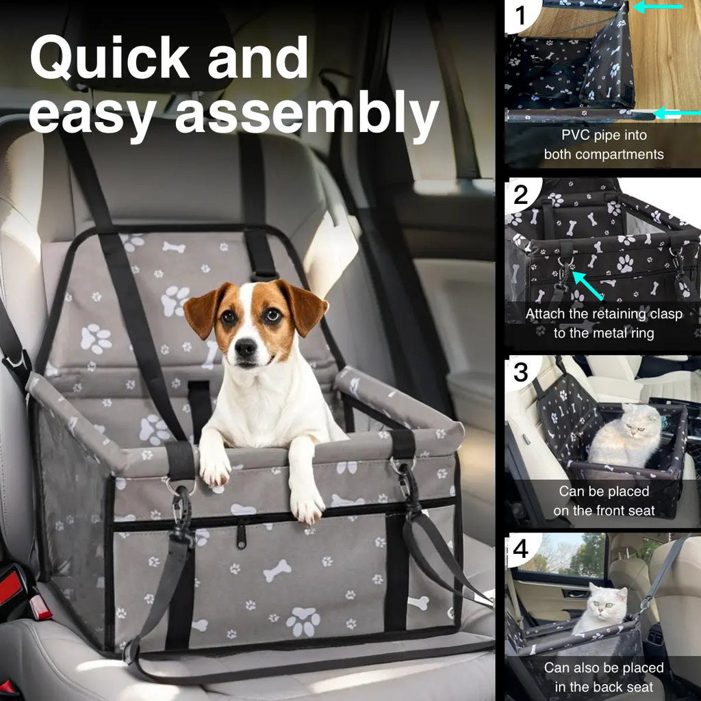 Pet Car Seat – Foldable Travel Safety Booster for Cats & Dogs | Breathable & Easy to Clean with Large Space | Fits Front & Back Seats, Easy to Assemble