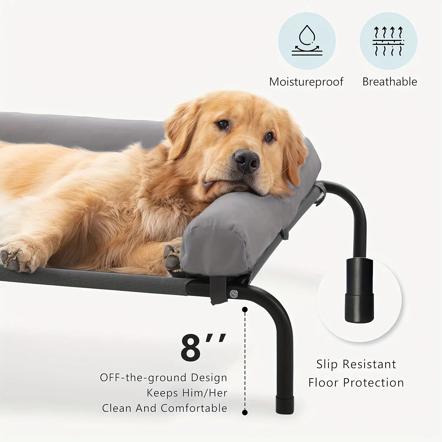 Ergonomic slope headrest on elevated dog cot for neck and joint support