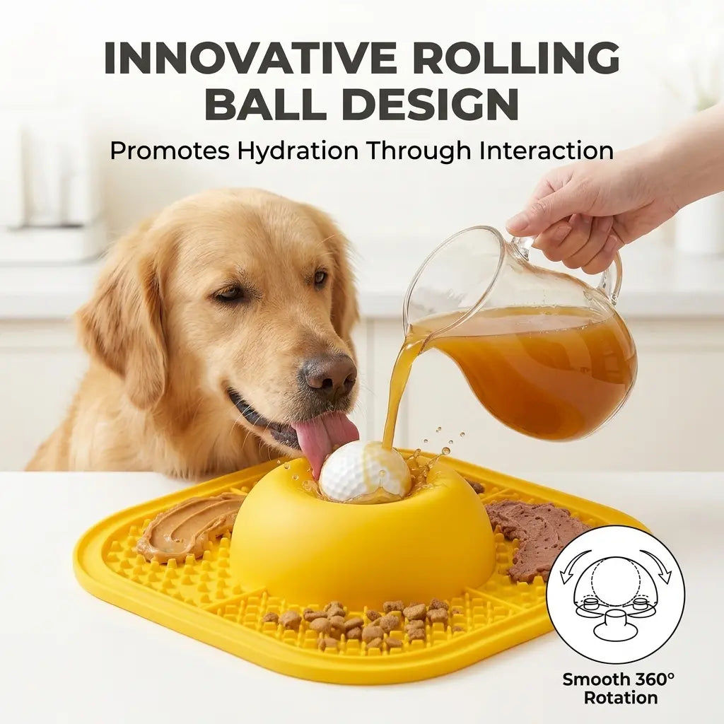 Dog eating from slow feeder enrichment bowl with suction cup base