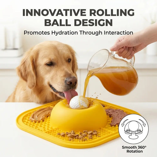 Dog eating from slow feeder enrichment bowl with suction cup base