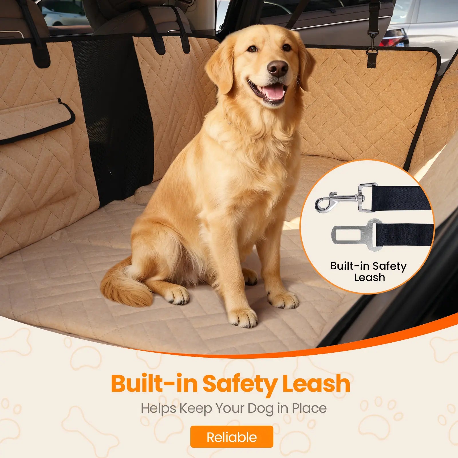 Dog car seat cover safety tether and hook-and-loop seat belt access flap