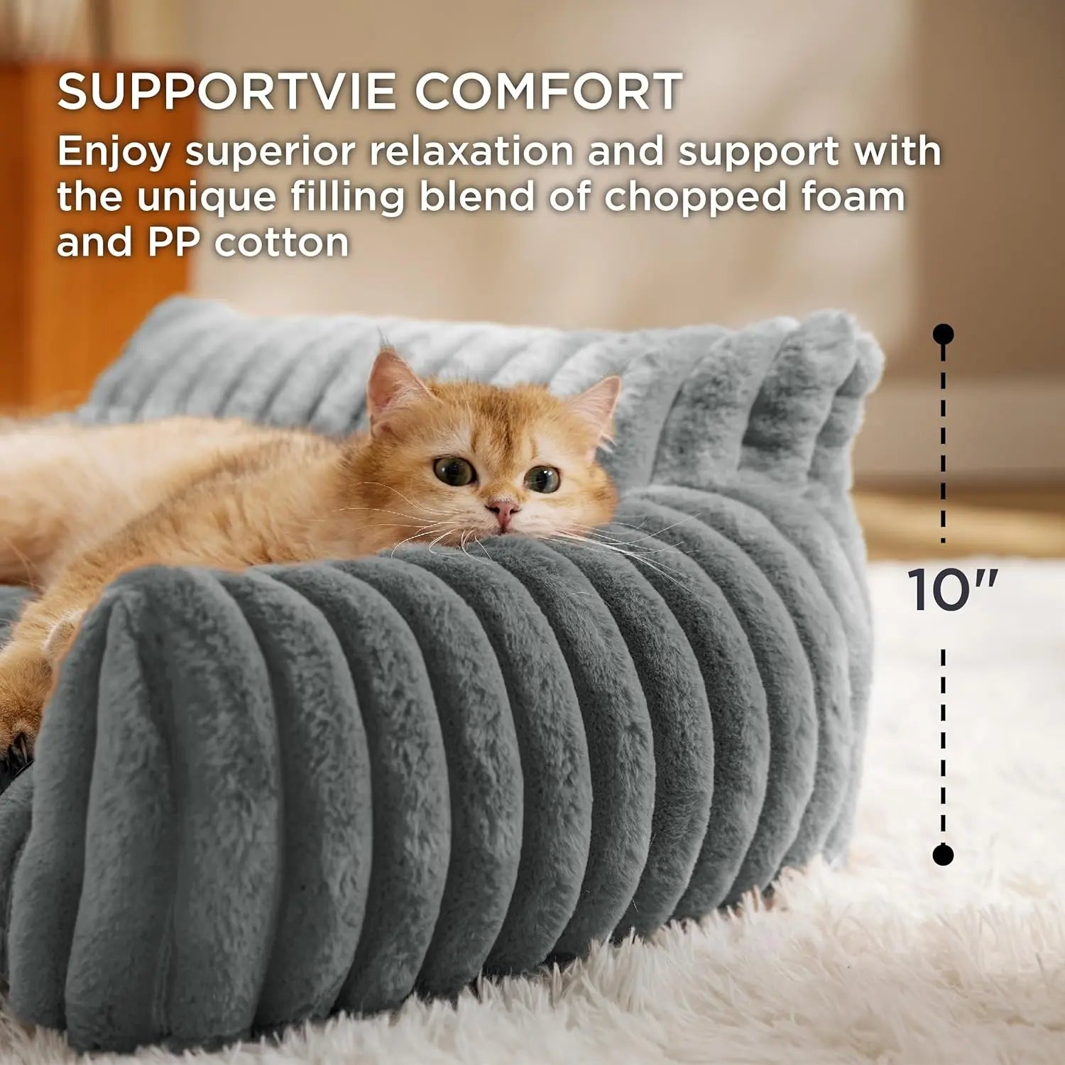 Small dog lounging comfortably on soft corduroy fleece pet sofa couch