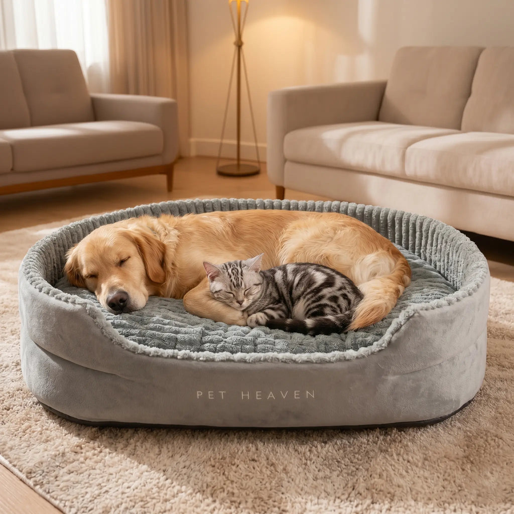Small dog curled up inside plush orthopedic bolster pet nest bed