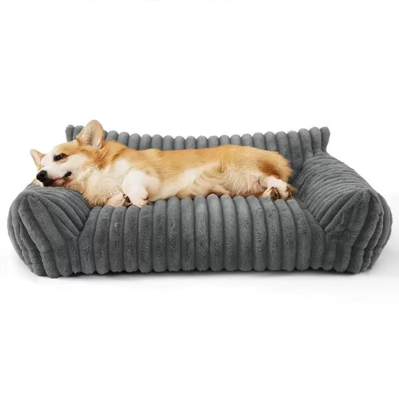 Elegant cat sofa pet bed in cream – corduroy fleece front view