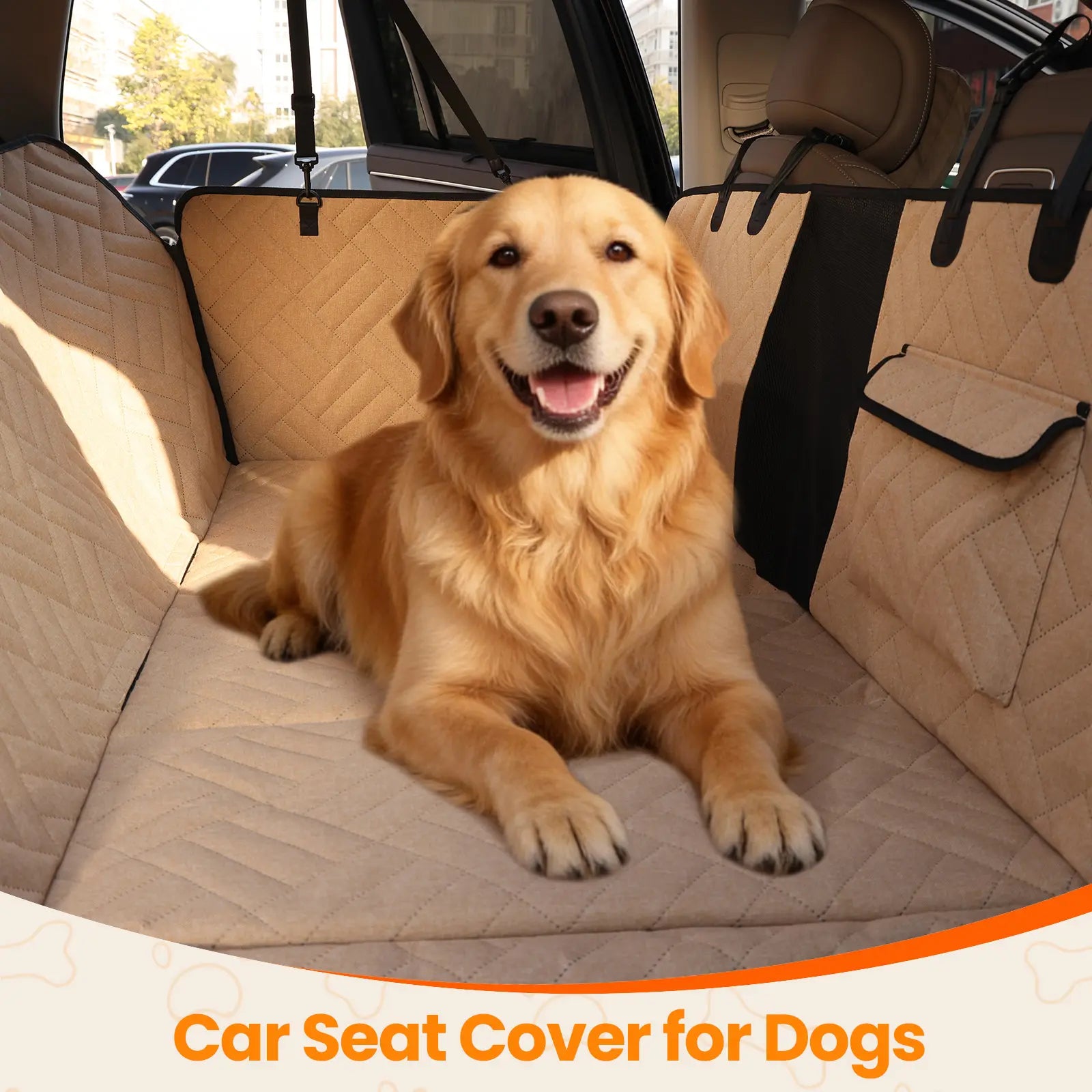 Large dog sitting on VALUXE waterproof car seat cover in vehicle