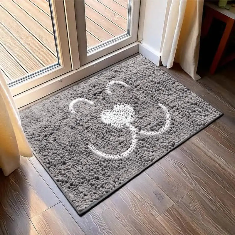 Embroidery muddy mat with pet face design placed at home entryway