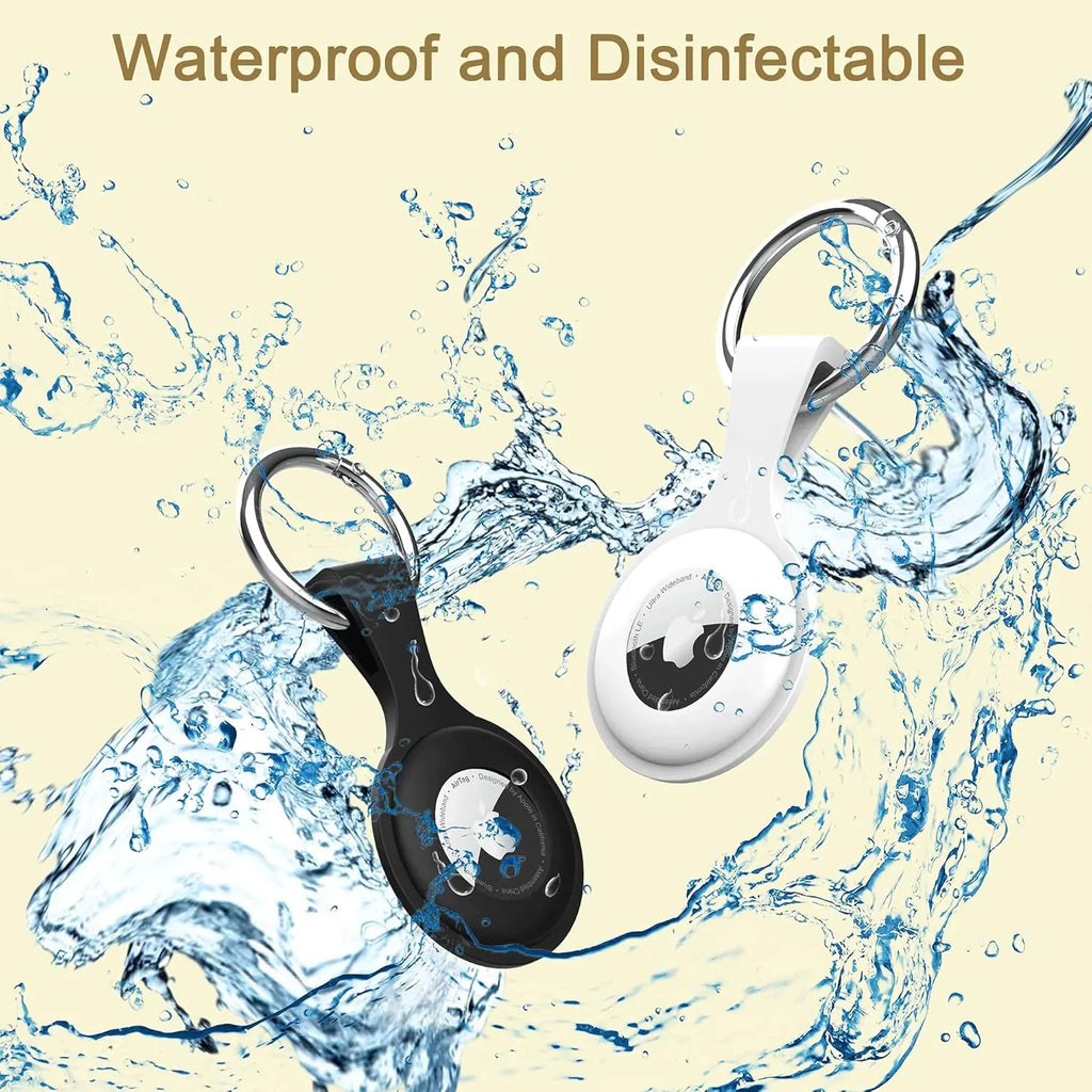 Four AirTag protective silicone cases fanned out showing variety