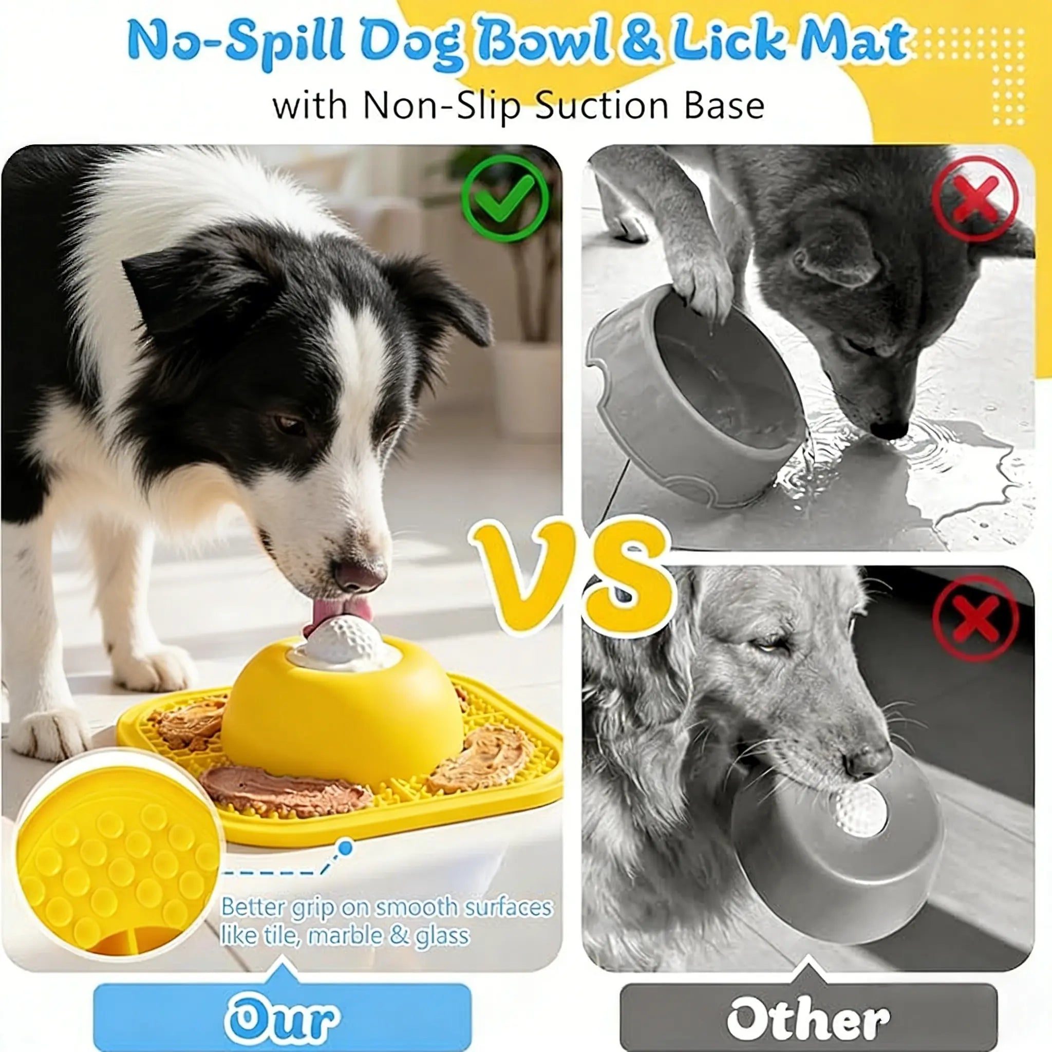 Slow feeder silicone bowl showing strong suction cup base on smooth floor