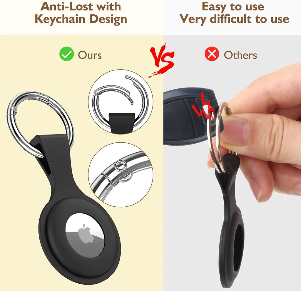 AirTag holder showing metal snap keychain ring with clasp open