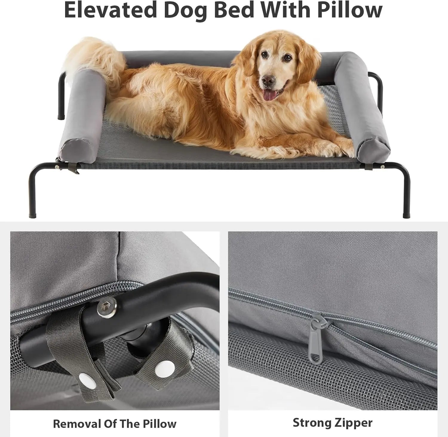 Cooling elevated dog cot bed in gray for indoor and outdoor use